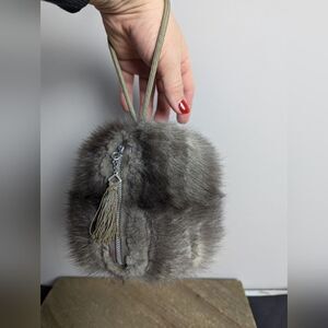 Vintage real fur hand warmer with zip pouch Grey muff